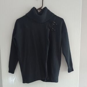 Ellen Tracy Dark Green Wool Sweater with Buckle Accents